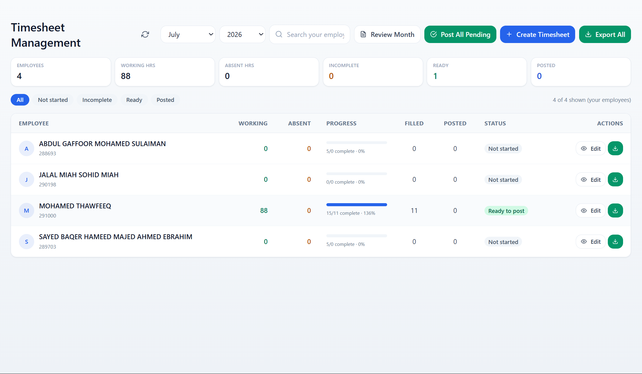 Timesheets Entry Grid